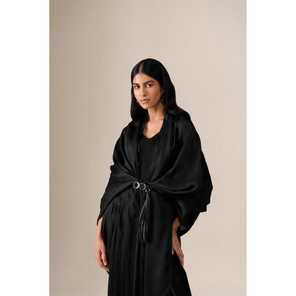 AMPM Ekiya Black Pre-Draped Saree With Attached Stitched Blouse And Belt