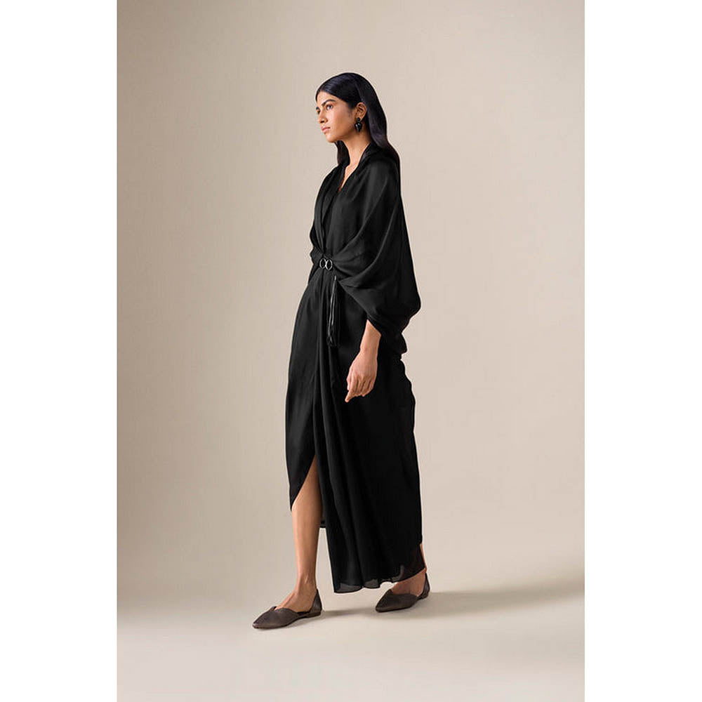 AMPM Ekiya Black Pre-Draped Saree With Attached Stitched Blouse And Belt