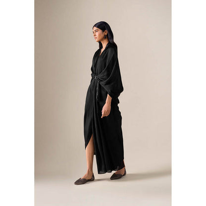 AMPM Ekiya Black Pre-Draped Saree With Attached Stitched Blouse And Belt