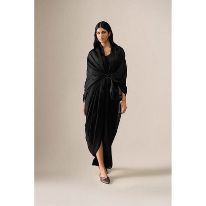 AMPM Ekiya Black Pre-Draped Saree With Attached Stitched Blouse And Belt