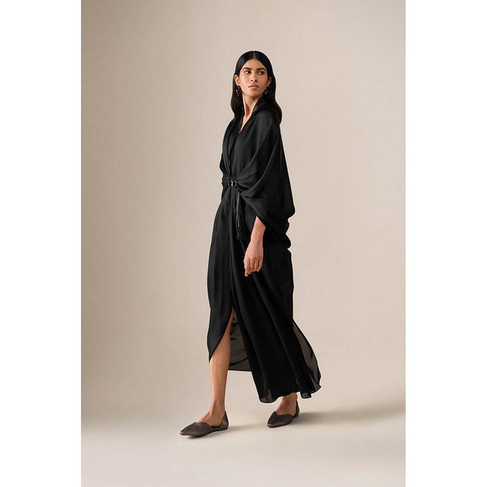 AMPM Ekiya Black Pre-Draped Saree With Attached Stitched Blouse And Belt