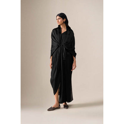 AMPM Ekiya Black Pre-Draped Saree With Attached Stitched Blouse And Belt
