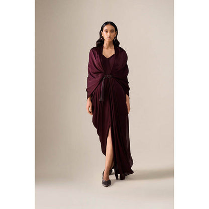 AMPM Ekiya Burgundy Pre-Draped Saree With Attached Stitched Blouse And Belt