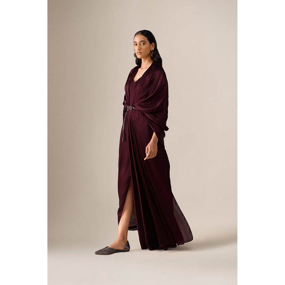 AMPM Ekiya Burgundy Pre-Draped Saree With Attached Stitched Blouse And Belt