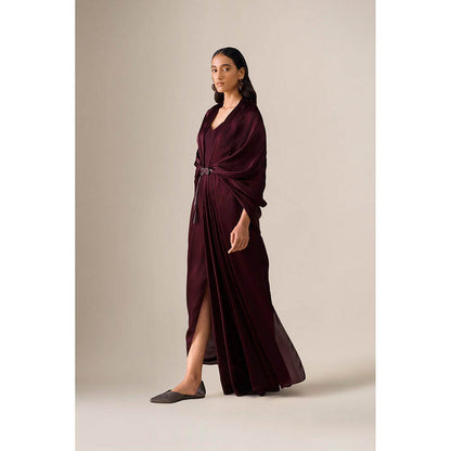 AMPM Ekiya Burgundy Pre-Draped Saree With Attached Stitched Blouse And Belt