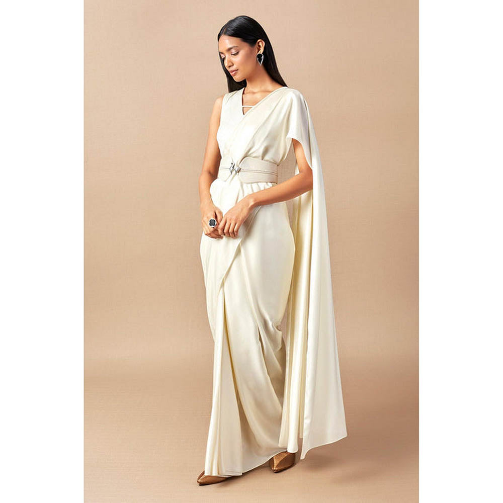 AMPM Aema Ivory Pre-Draped Saree With Attached Stitched Blouse