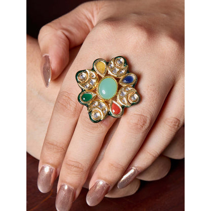 Amreli Jaipur Green Adjustable Kundan Ring