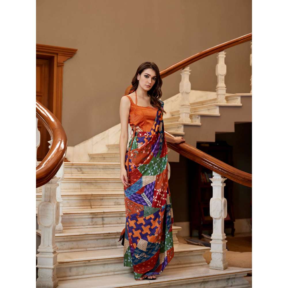 Amrood Rust Pre-Draped Saree with Stitched Blouse