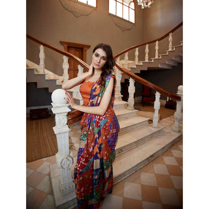 Amrood Rust Pre-Draped Saree with Stitched Blouse