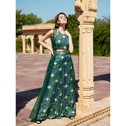 Amrood Green Crop Top with Flared Pant and Jacket and Belt (Set of 4)