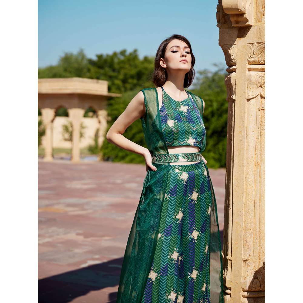Amrood Green Crop Top with Flared Pant and Jacket and Belt (Set of 4)