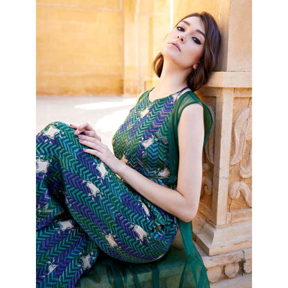 Amrood Green Crop Top with Flared Pant and Jacket and Belt (Set of 4)