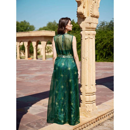 Amrood Green Crop Top with Flared Pant and Jacket and Belt (Set of 4)