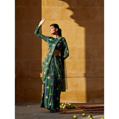 Amrood Green Pre-Draped Saree with Stitched Blouse