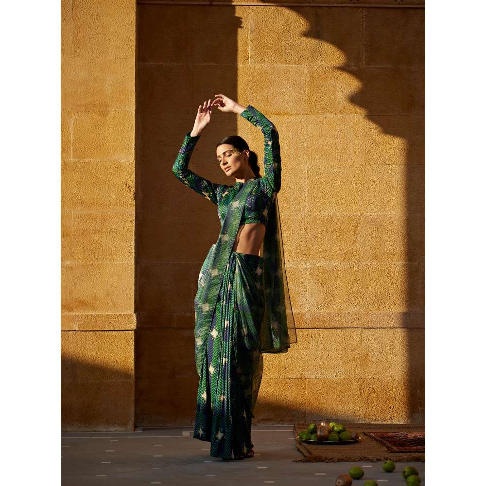 Amrood Green Pre-Draped Saree with Stitched Blouse