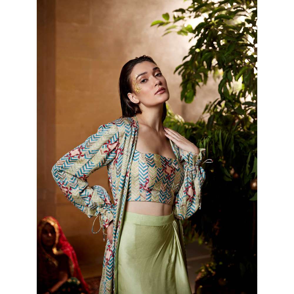 Amrood Beige Crop Top with Jacket and Skirt (Set of 3)