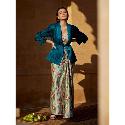 Amrood Blue Crop Top with Jacket and Skirt (Set of 3)