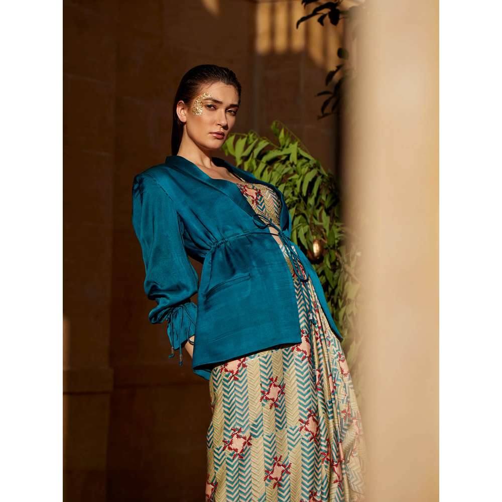Amrood Blue Crop Top with Jacket and Skirt (Set of 3)