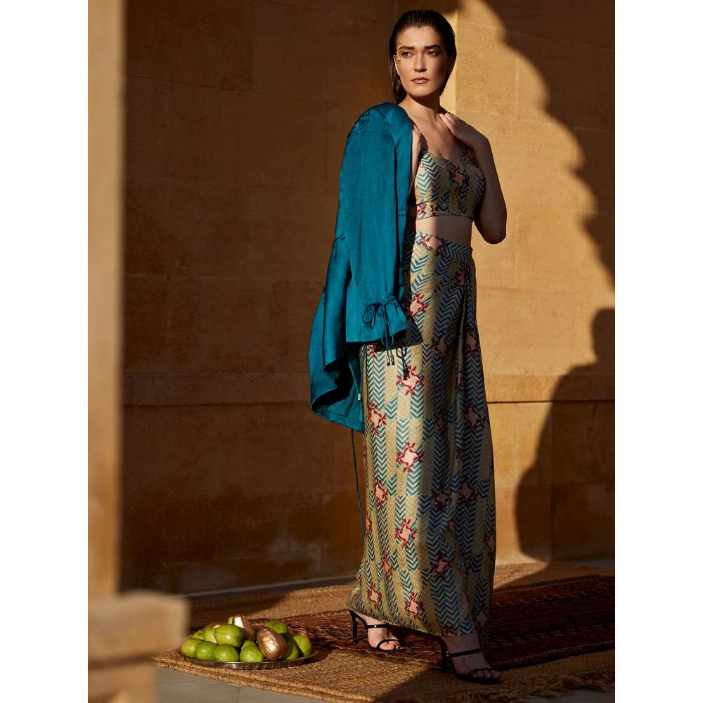 Amrood Blue Crop Top with Jacket and Skirt (Set of 3)