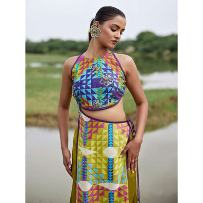 Amrood Green Crop Top with Skirt (Set of 2)
