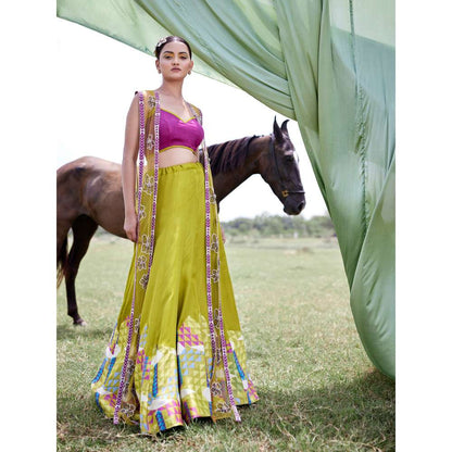 Amrood Green Blouse with Lehenga and Jacket (Set of 3)