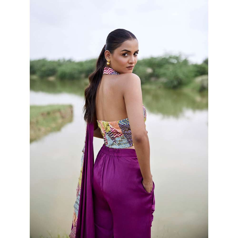 Amrood Pink Pant with Attached Draped and Crop Top (Set of 2)
