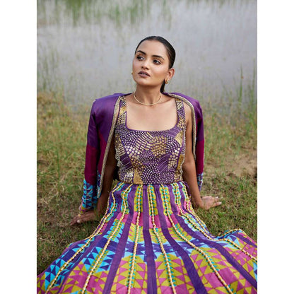 Amrood Purple Crop Top with Lehenga and Jacket (Set of 3)