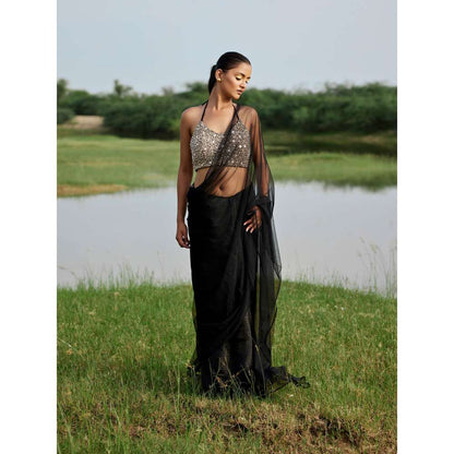 Amrood Black Saree with Stitched Blouse