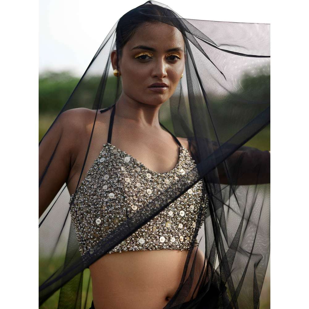 Amrood Black Saree with Stitched Blouse