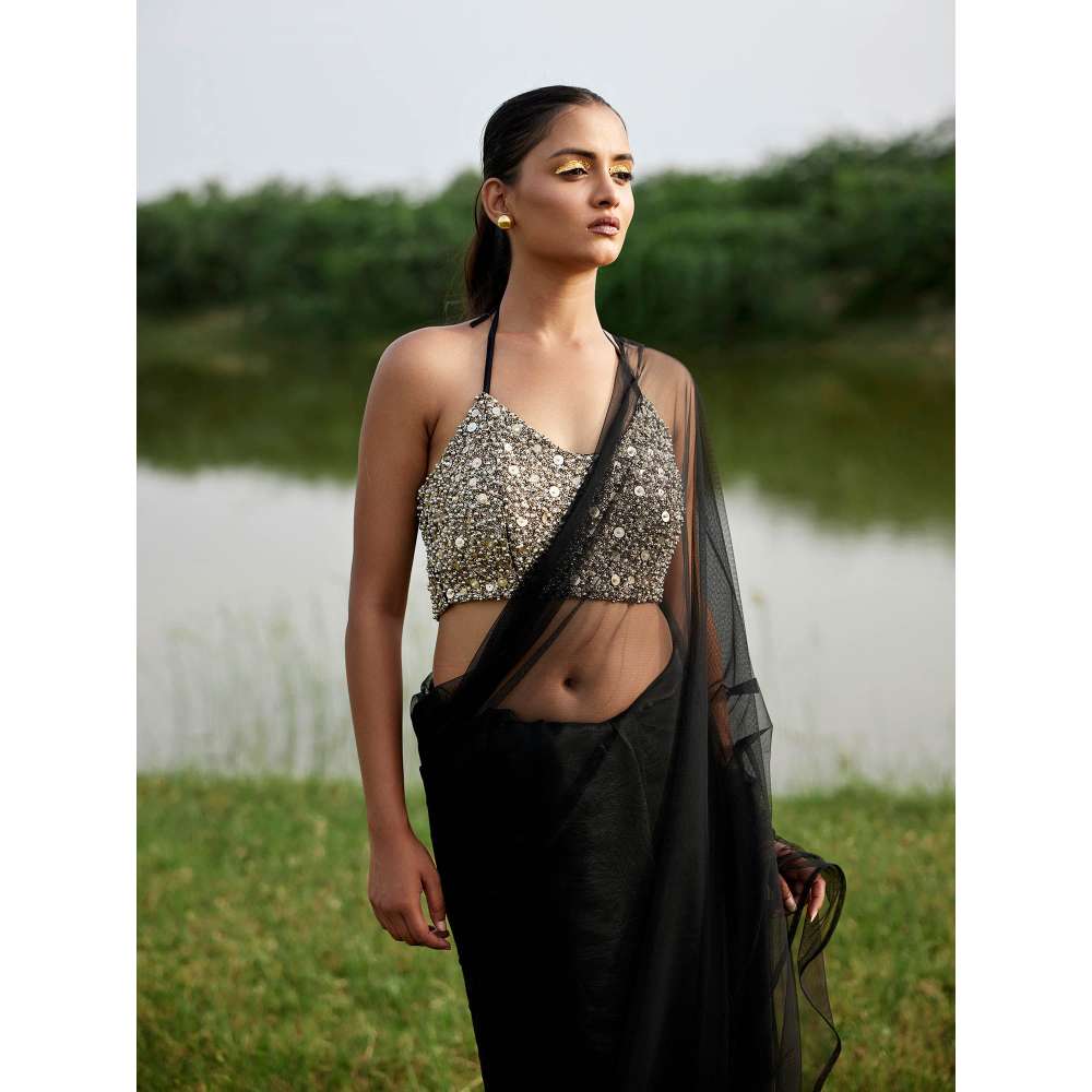 Amrood Black Saree with Stitched Blouse