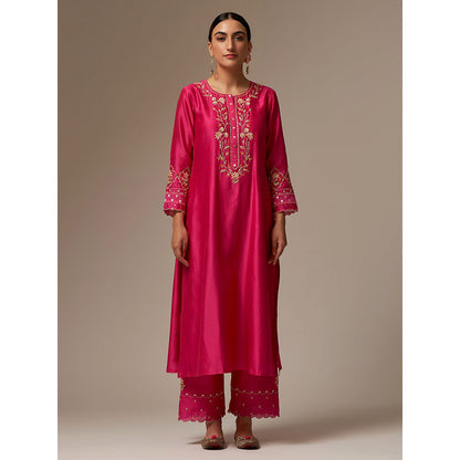 Anantaa by Roohi Trehan Pink Silk Chanderi A-Line Kurta With Hand Embroidery