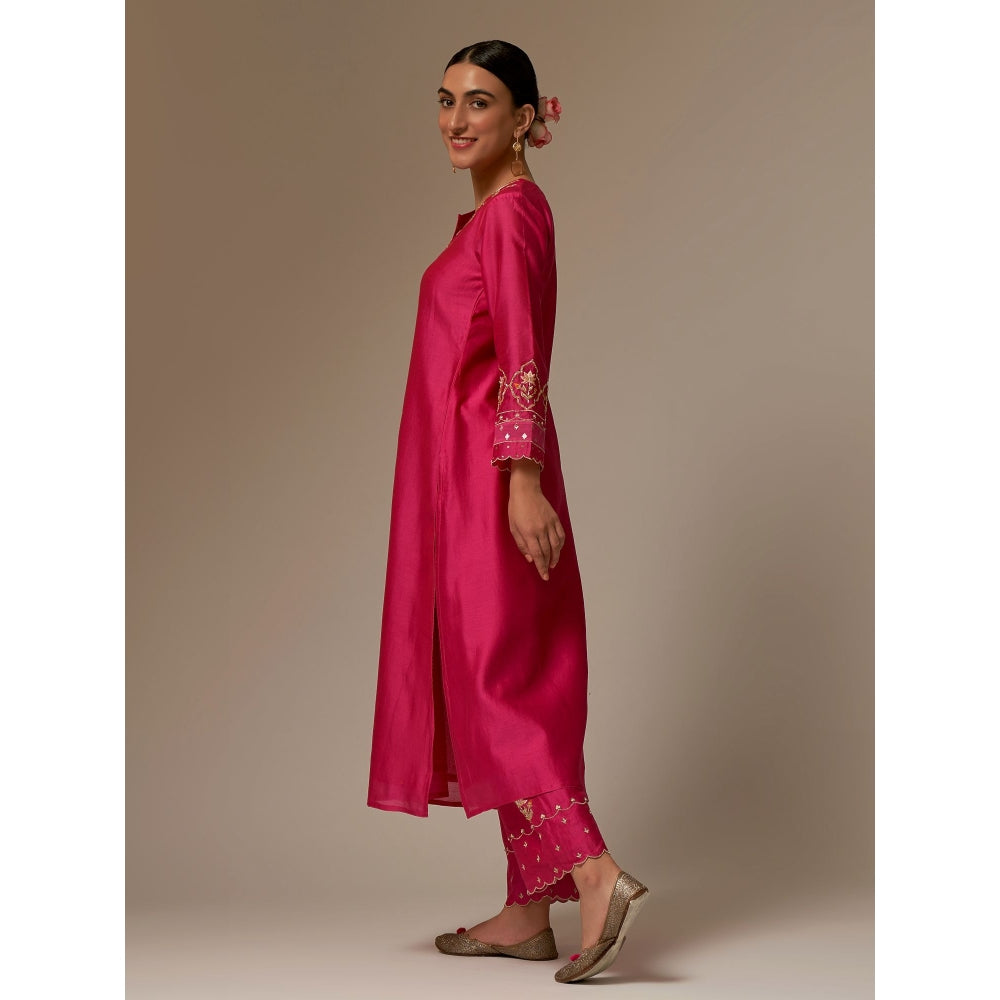Anantaa by Roohi Trehan Pink Silk Chanderi A-Line Kurta With Hand Embroidery