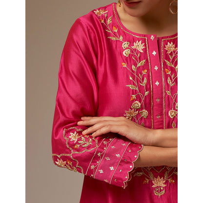 Anantaa by Roohi Trehan Pink Silk Chanderi A-Line Kurta With Hand Embroidery