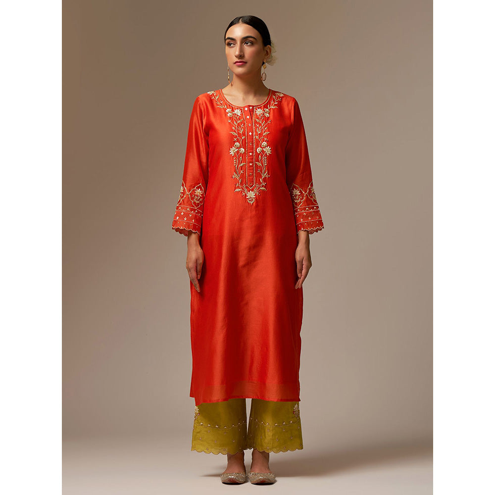 Anantaa by Roohi Trehan Orange Silk Chanderi A-Line Kurta With Hand Embroidery