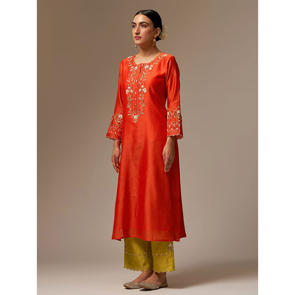 Anantaa by Roohi Trehan Orange Silk Chanderi A-Line Kurta With Hand Embroidery