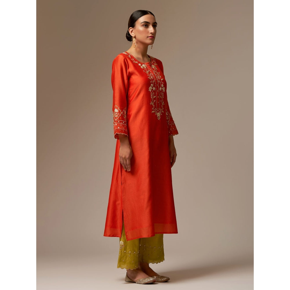 Anantaa by Roohi Trehan Orange Silk Chanderi A-Line Kurta With Hand Embroidery