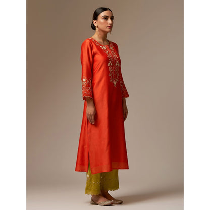 Anantaa by Roohi Trehan Orange Silk Chanderi A-Line Kurta With Hand Embroidery