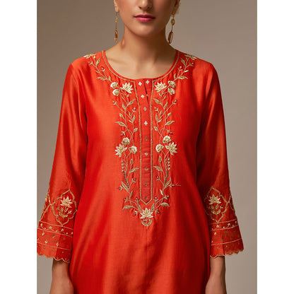 Anantaa by Roohi Trehan Orange Silk Chanderi A-Line Kurta With Hand Embroidery
