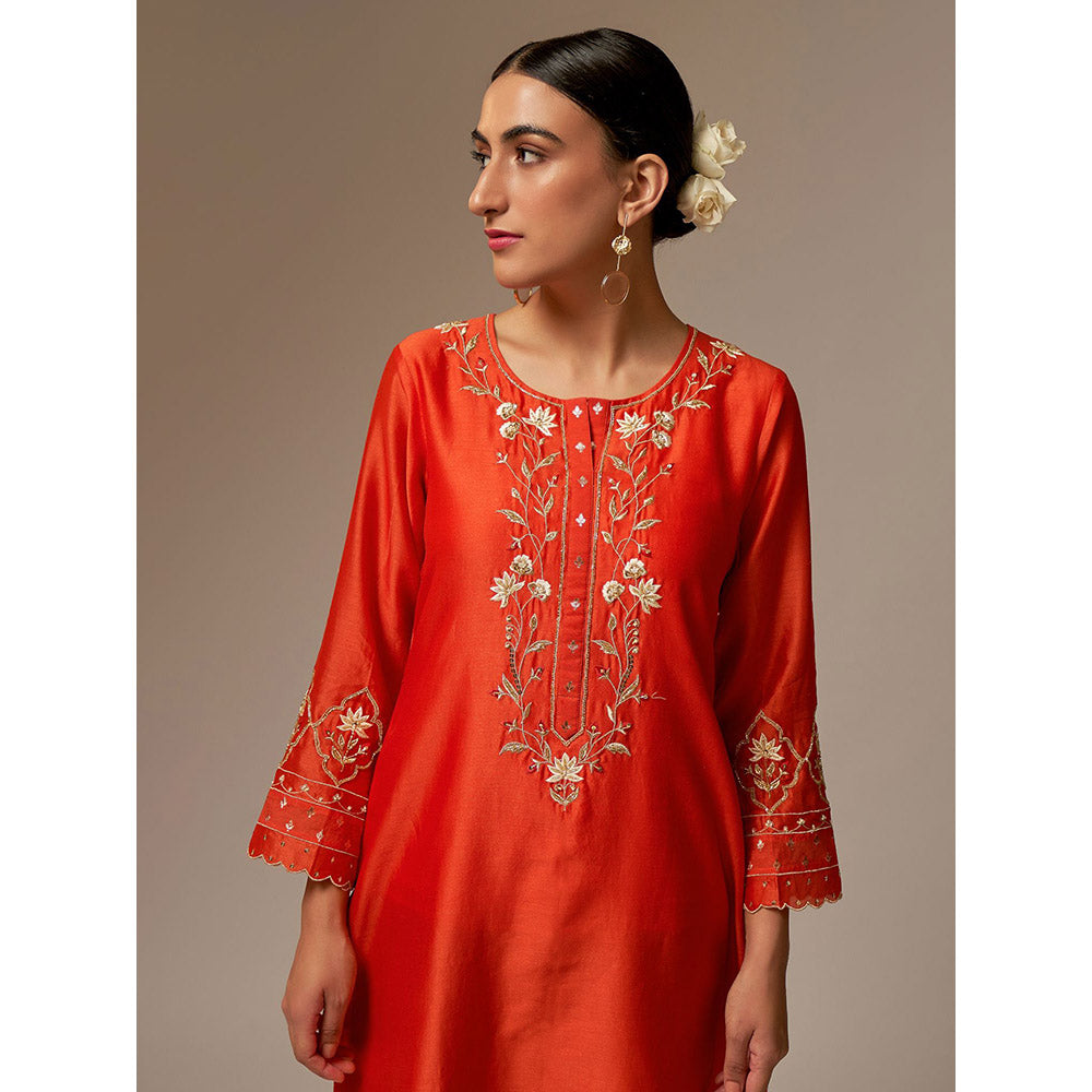 Anantaa by Roohi Trehan Orange Silk Chanderi A-Line Kurta With Hand Embroidery