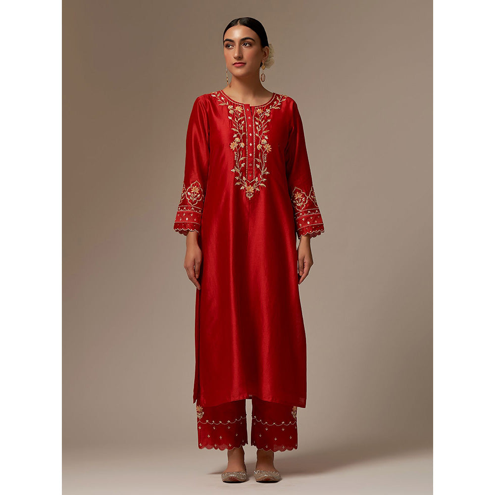 Anantaa by Roohi Trehan Red Silk Chanderi A-Line Kurta With Hand Embroidery