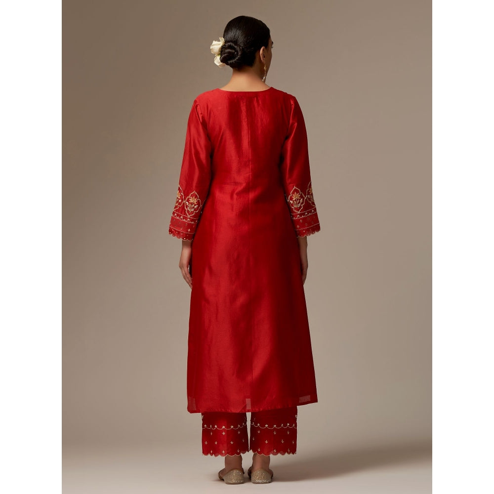 Anantaa by Roohi Trehan Red Silk Chanderi A-Line Kurta With Hand Embroidery