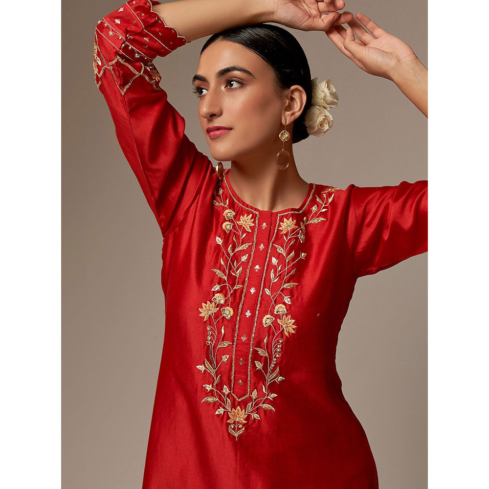 Anantaa by Roohi Trehan Red Silk Chanderi A-Line Kurta With Hand Embroidery