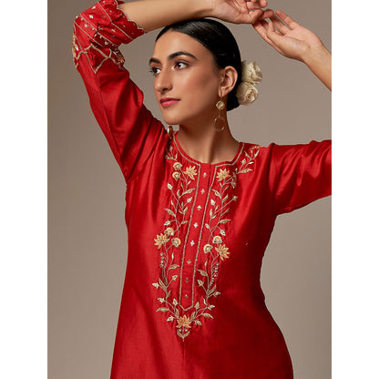 Anantaa by Roohi Trehan Red Silk Chanderi A-Line Kurta With Hand Embroidery
