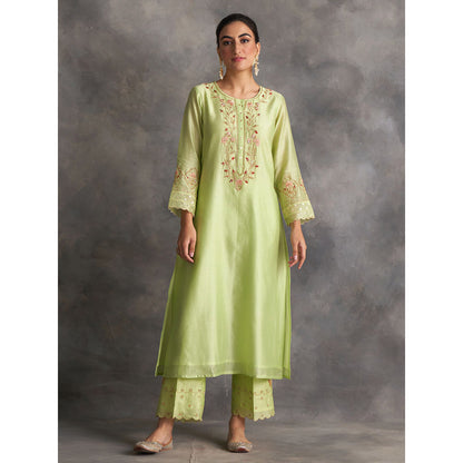 Anantaa by Roohi Trehan Light Green Silk Chanderi A-Line Kurta With Hand Embroidery