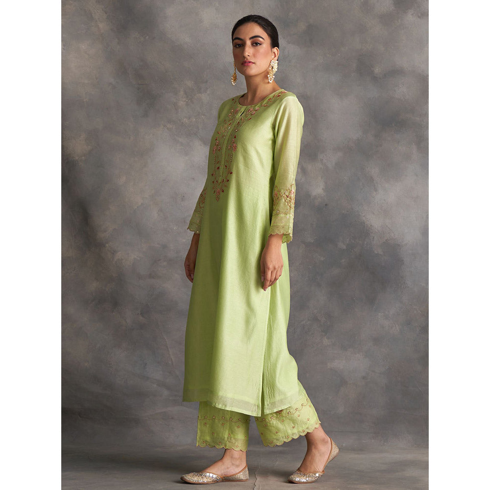 Anantaa by Roohi Trehan Light Green Silk Chanderi A-Line Kurta With Hand Embroidery