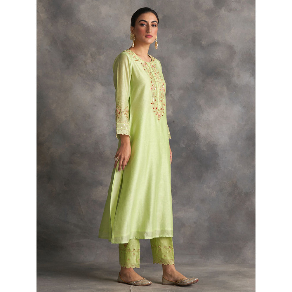 Anantaa by Roohi Trehan Light Green Silk Chanderi A-Line Kurta With Hand Embroidery
