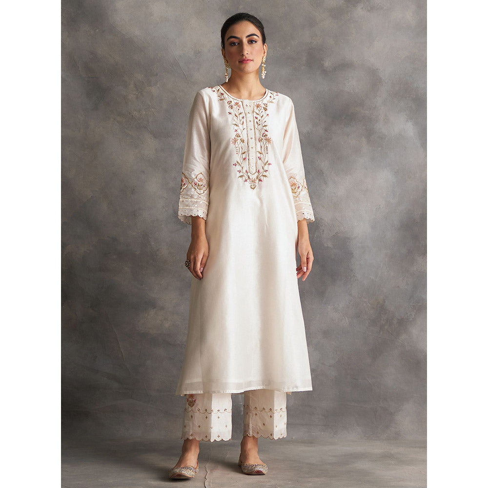 Anantaa by Roohi Trehan Off White Silk Chanderi A-Line Kurta With Hand Embroidery