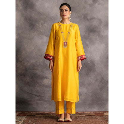 Anantaa by Roohi Trehan Yellow Silk Chanderi A-Line Kurta With Hand Embroidery