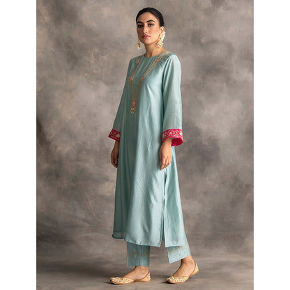 Anantaa by Roohi Trehan Blue Silk Chanderi A-Line Kurta With Hand Embroidery