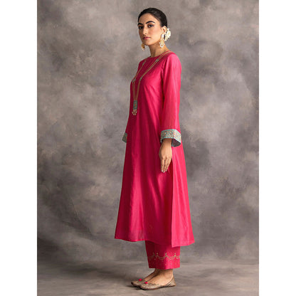 Anantaa by Roohi Trehan Pink Silk Chanderi A-Line Kurta With Hand Embroidery